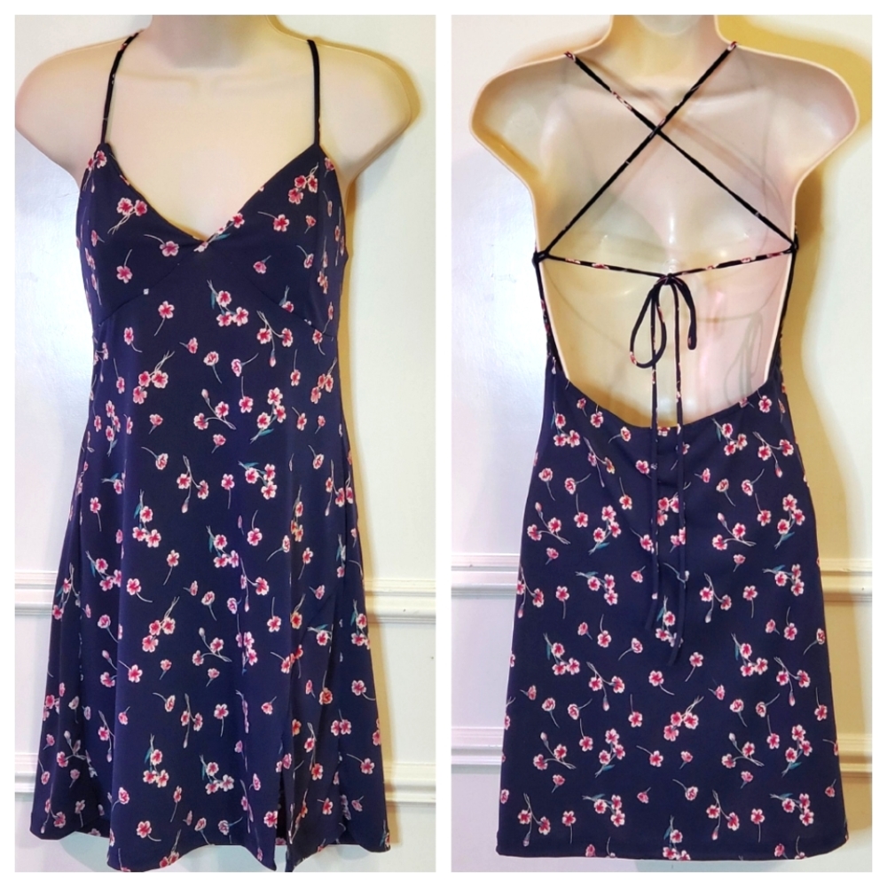 Windsor Navy Blue Multi-Color Floral Strappy Mini Slip Dress, Large, NWT